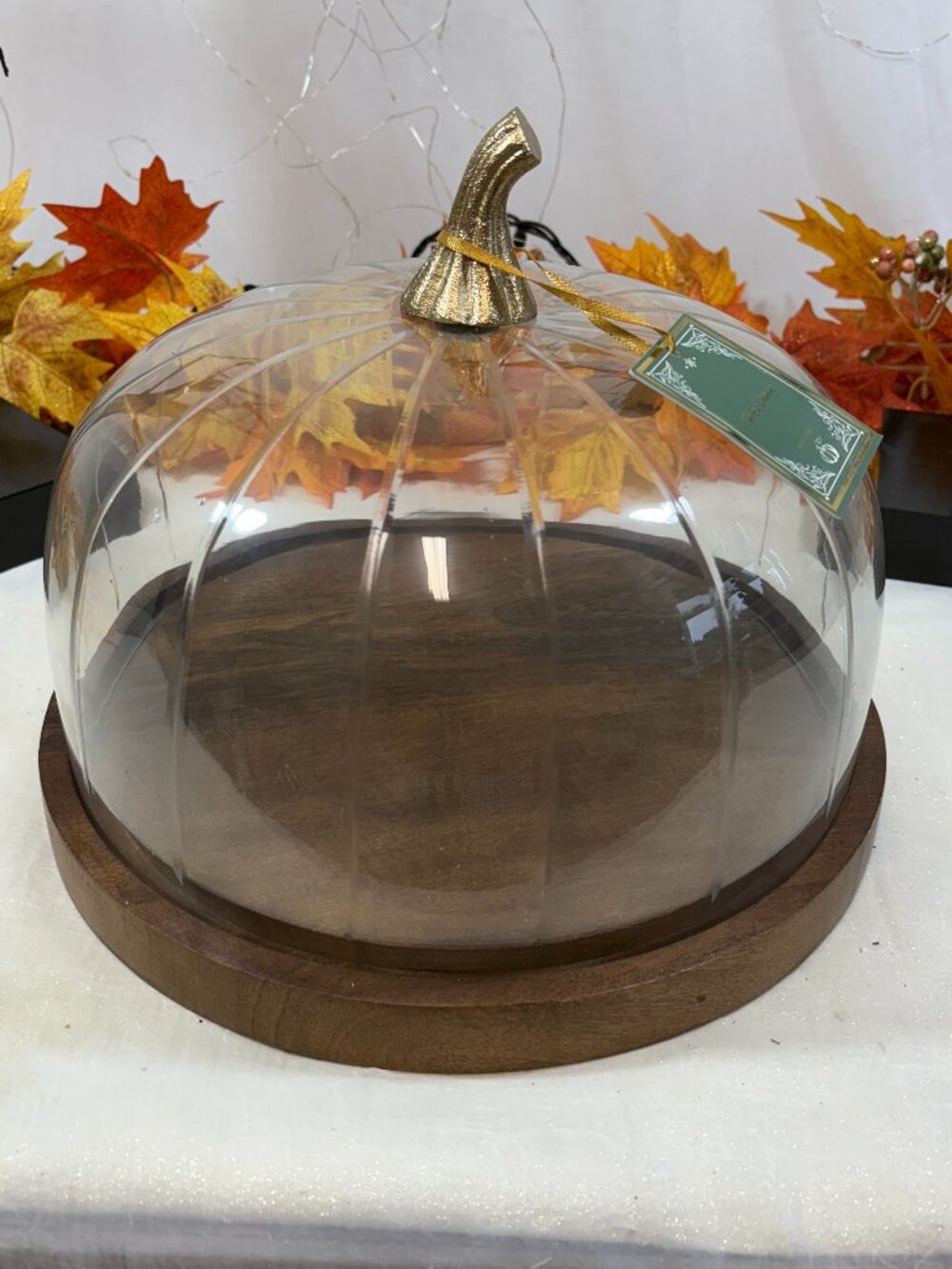 Fall Blown Glass Pumpkin Cloche Dome Wood Pedestal Cake Appetizer Serving Dish